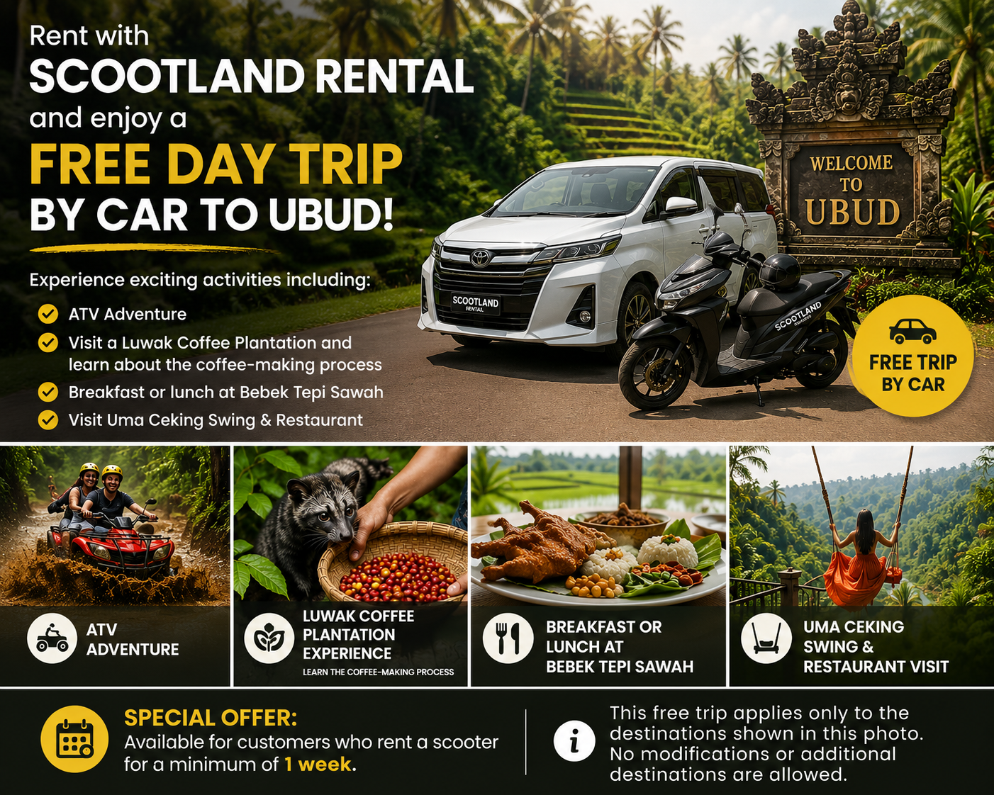 Rent With Scootland FREE day trip by car to Ubud!